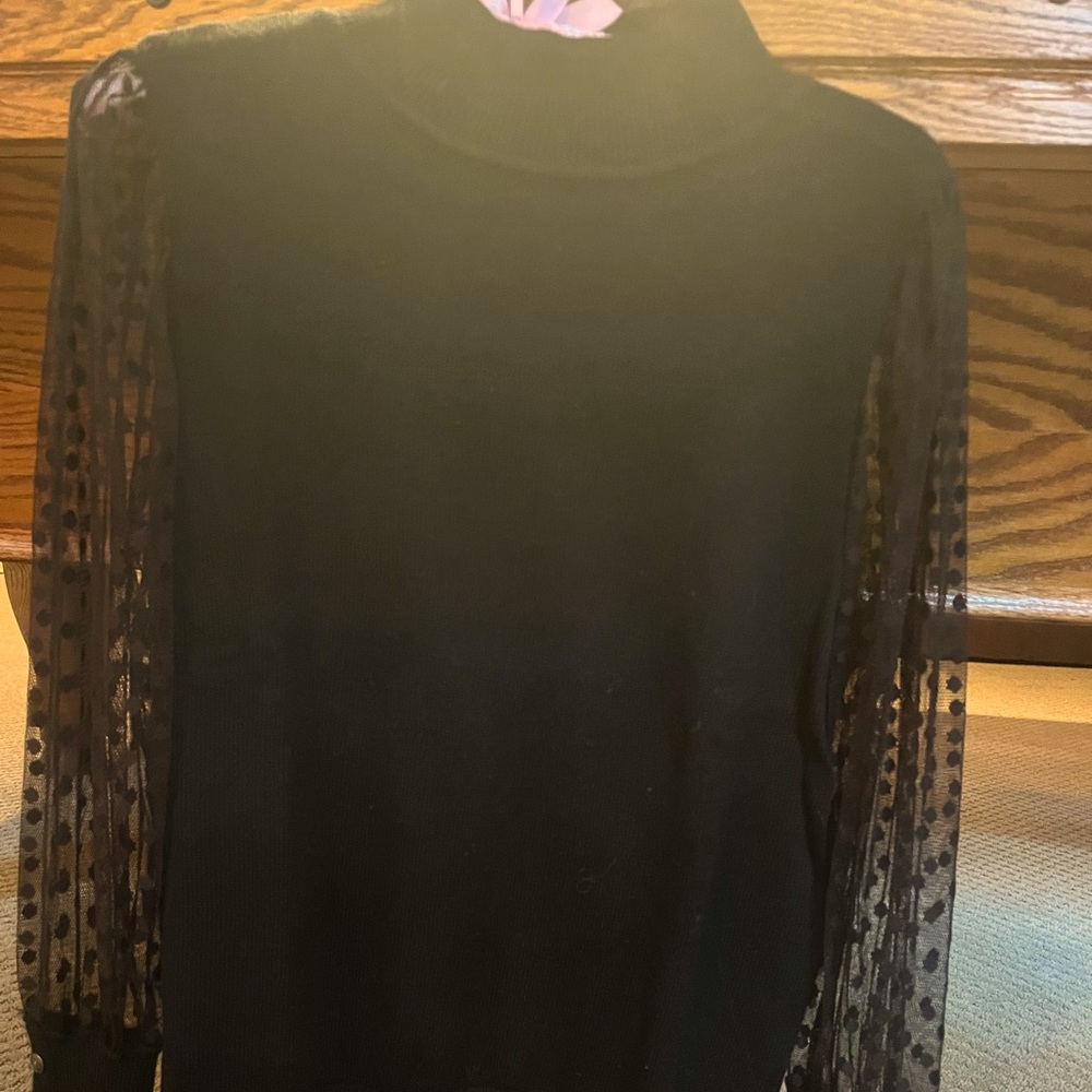 Talbots Black Mockneck Sweater Sheer Sleeves Size Petite Large NWT